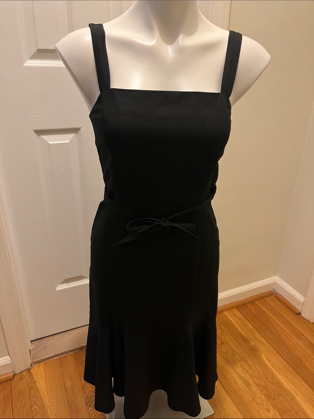 LOFT Black Square-Neck Midi Linen Dress with Waist Tie and Flared Hem